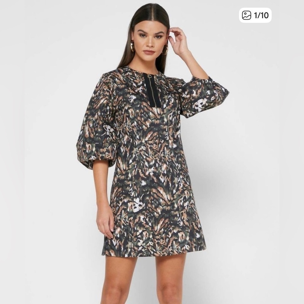 Ted Baker Urban black, brown, green print Puff Sleeve mini dress size 1